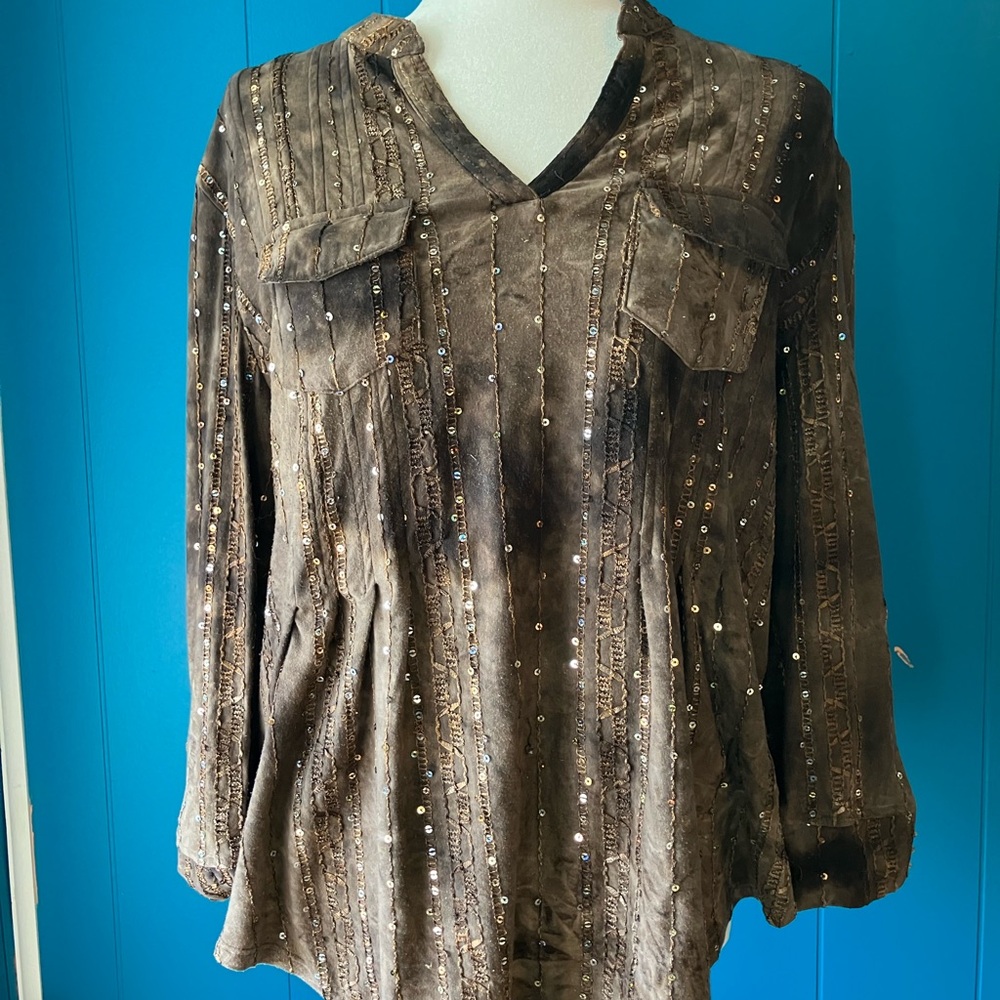 new directions Brown Sequin-Accent V-Neck Tunic